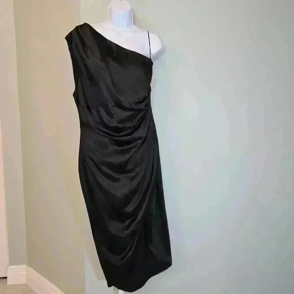Elliatt Cassini Sheath Dress *Revolve* Ruched Side One Shoulder Satin Black - Picture 2 of 8